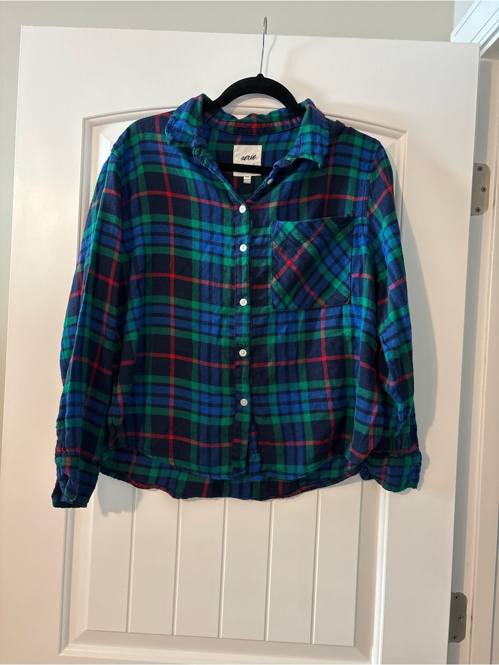 Aerie Plaid Flannel MED Button Down Red Blue Green Holiday Photo